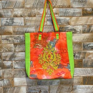 Karma Living Orange and Green Tote Bag with Beautiful Yellow Beading on Front